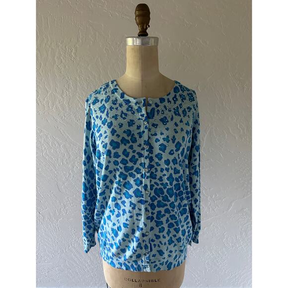 QUACKER FACTORY | Blue Animal Print Cardigan NEW Medium Bling Button Sweater - Picture 1 of 9